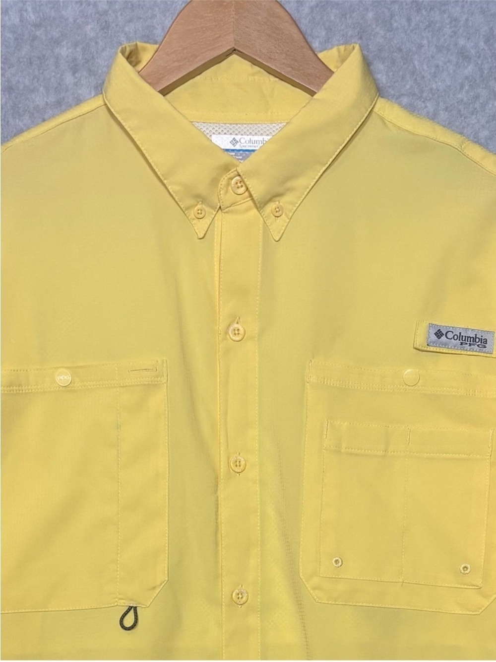 Columbia Men's PFG Short-Sleeve Button-Down Fishing Shirt-Yellow-Men Size XL